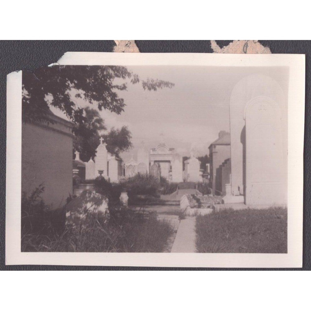 Vintage Snapshot Photo Cemetery Mausoleums Above Ground Tombs c1940s-50s
